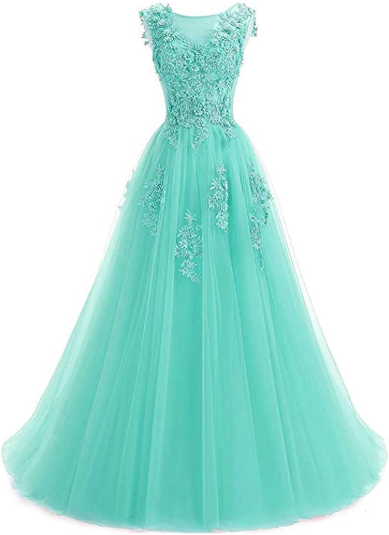 Ever Girl Women's Sweep Lace Appliques Scoop Collar Tulle A-Line Prom Dresses