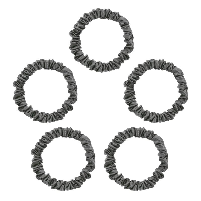 Townssilk Silk Skinnie Scrunchies 100% Pure 22 Momme Mulberry Silk Hair ties for Women Hair bands Friendly Luxurious Elastic Hair bands Set 5pc IronGrey