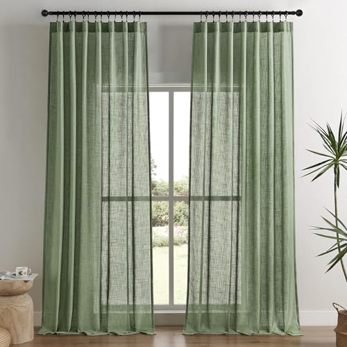 Joydeco Olive Green Linen Curtains for Living Room 72 Inch Length 2 Panels Set,Semi-Sheer Curtains 72 Inches Long,Pinch Pleated Long Window Treatments Curtain & Drapes(W52 x L72 Inch, Loden)