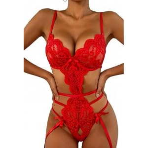 Women's Deep V Teddy Lingerie Sexy Lace Bodysuit Cut Out Garter Lingerie Sets