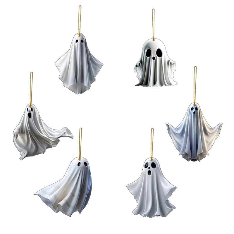 Photo 1 of 6 Pcs Halloween Hanging Ornaments for Tree Cute White Little Ghost Designs Halloween Spooky Acrylic Pendants Cartoon Ghost Hanging Ornaments Decorative for Holiday Party Craft Supplies