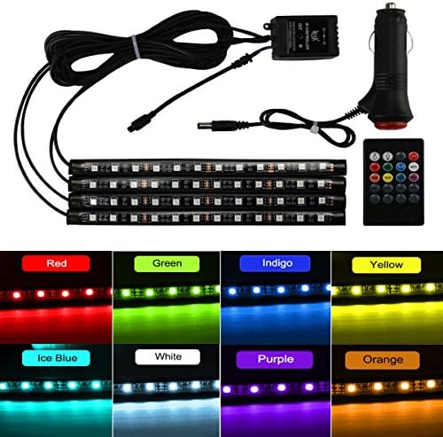 8 Color LED Interior Car Lights, Hoyoki Under Dash Lighting Kit, 4pcs LED Strip Lights for Cars with Wireless Remote Control, Car Charger and Sound Active Function