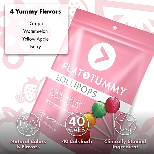 FLAT TUMMY LOLLIPOPS, PACK OF 30 – CRUSH CRAVINGS AND AVOID UNWANTED CALORIES – APPLE, GRAPE, WATERMELON & BERRY – DELICIOUS LOW CALORIE DIET CANDY – CLINICALLY PROVEN INGREDIENT