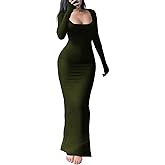 HBQ Women's Bodycon Maxi Dress Long Sleeve Square Neck Lounge Dresses Sexy Night Out Party Dress