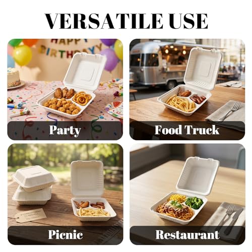 Lucklot 100 Pack Togo 8×9 Inch Disposable 3 Compartment White Clamshell Take Out Containers with Lids, To Go Takeout Lunch Boxes Compostable and Eco-Friendly Biodegradable Bagasse PFAS-Free for Food