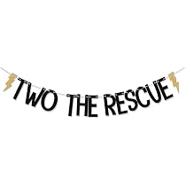 "Two The Rescue" Birthday Banner - Superhero 2nd Birthday Party Decor, Black And Gold