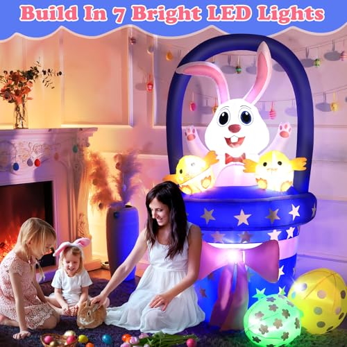 Easter Inflatable Bunny Outdoor Decorations, Blow Up Easter Rabbit with Basket, Chick & Colorful Eggs, Built-in LED Lights Yard Decoration for Indoor Outside (6FT Bunny with Basket)