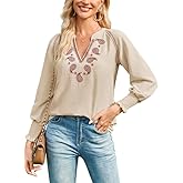 Falechay Womens Fall Tops V Neck Long Sleeve Shirts Casual Chiffon Blouses Flowy Smocked Cuffed Boho Embroidered Top