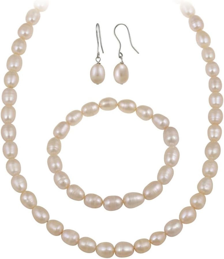 Sterling Silver Freshwater Cultured Pink Pearl Necklace, Bracelet Earring Jewelry Set