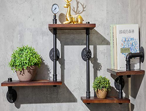DOFURNILIM Industrial Rustic Wall Wood Pipe Ladder Floating Shelves - DIY Modern Storage Shelving Bookshelf for Bathroom Kitchen Office Home - Steampunk Wood Shelf Bookcase - 4 Tier