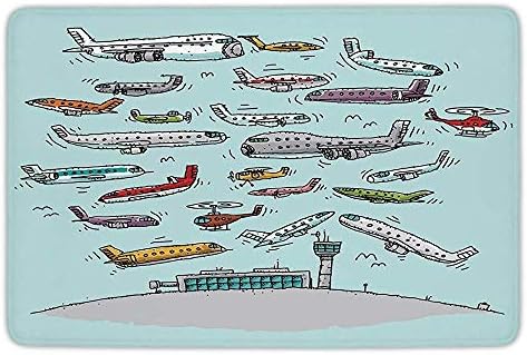 Bathroom Bath Rug Kitchen Floor Mat Carpet,Airplane Decor,Planes Fying in Air Aviation Love Airport Helicopters and Jets Cartoon,Multicolor,Flannel Microfiber Non-slip Soft Absorbent