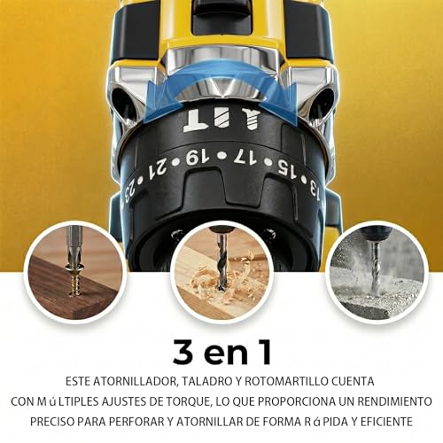 LINSEN Taladro Inalámbrico 21V con 2 Baterías, 0-1500 RPM Velocidad Variable, 18+1 Ajustes de Torque, Kit de Taladro Profesional con Extensión Flexible para Perforar y Atornillar