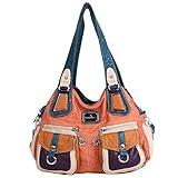 Angelkiss 3 Top Zippers Multi Pockets Handbags Washed Leather Purses Shoulder Bags Backpack 1593/2M (Pink)