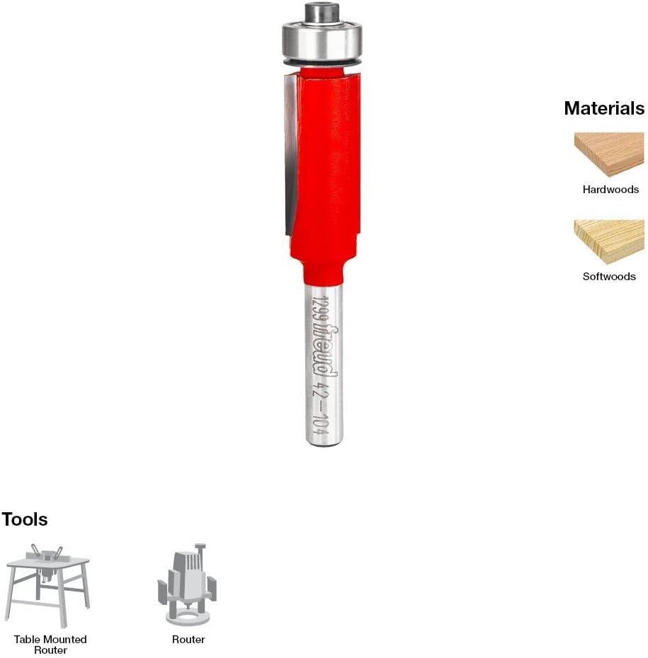 Freud 1/2" (Dia.) Bearing Flush Trim Bit with 1/4" Shank (42-104) - Bearing Flush Trim Router Bits - 