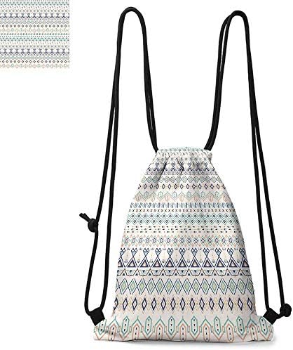 Geometric Easy to carry drawstring backpac Aztec Motifs Triangles Squares Artful Folk Inspiration Tribal Image Durable Drawstring Backpack W13.4 x L8.3 Inch Mint Dark Blue Peach