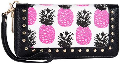 Women Wallet Double Zip Around Wristlet with Perforated Stud RFID Blocking