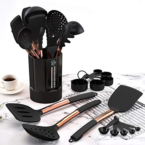 Silicone-Cooking-Utensil-Set-Fungun-24pcs-Silicone-Cooking-Kitchen-Utensils-Set-Non-stick-Heat-Resistant-Best-Kitchen-Cookware-with-Copper-Stainless-Steel-Handle-BlackBPA-Free-Non-Toxic