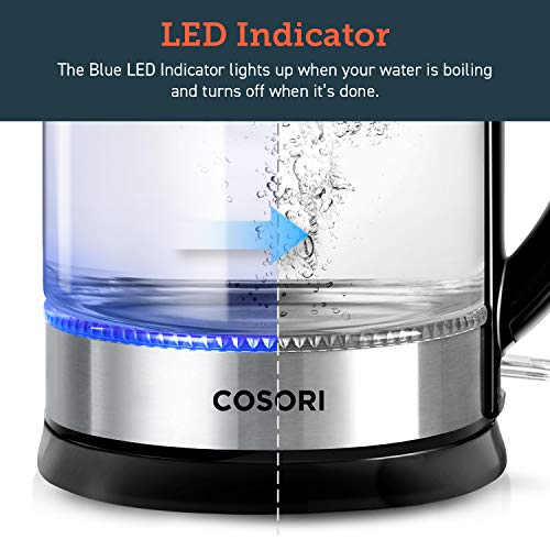 COSORI 1.7L Electric Kettle with Upgraded 100% Stainless Steel Filter,Inner Lid & Bottom,Glass Water Boiler & Tea Heater with LED Indicator, Auto Shut-Off&Boil-Dry Protection, BPA Free,2 Year Warranty