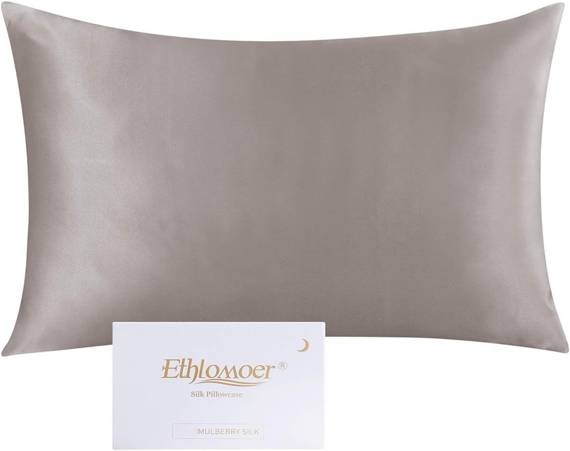 Ethlomoer 100% Natural Pure Silk Pillow Case for Hair and Skin, 19 Momme on Both Sides, 600 Thread Count Design with Hidden Zip, 1 Piece, 50 x 75 cm, Dark Grey