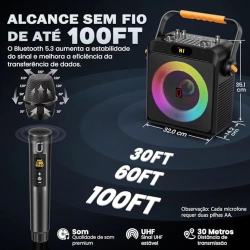 JYX Karaokê com 2 Microfones Sem Fio para Adultos e Crianças, Karaoke Portatil com Luzes de RGB DJ, Suporte para BT/TF/USB/AUX, Ajuste do ECHO/BASS, Para Festas Internas e Externas