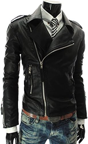 CANSOS Men's Pu Leather Stand Collar Zip-up Moto Jacket (US,S/Asia,M) Black