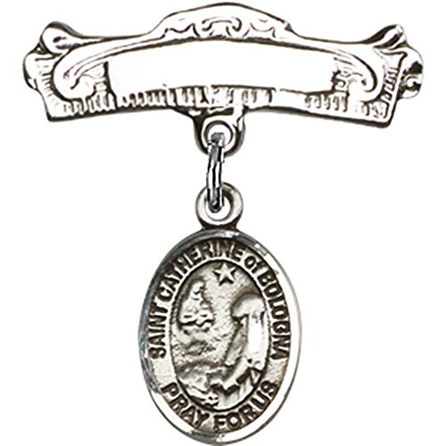 Sterling Silver Baby Badge with St. Catherine of Bologna Charm and Arched Polished Badge Pin 7/8 X 7/8 inches