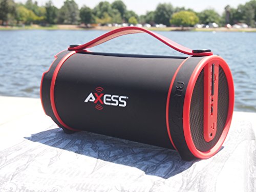 Axess SPBT1033 Portable Bluetooth Indoor/Outdoor 2.1 Hi-Fi Cylinder Loud Speaker with Built-In 4" Sub and FM Radio, SD Card, AUX Inputs in Red