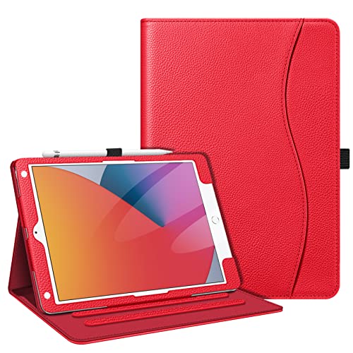 FINTIE Hoesje voor iPad 9e/8e/7e generatie (2021/2020/2019) 26,9 cm - Hoekbescherming] Multi-hoek kijkstandaard Cover met zak en potloodhouder, Auto Sleep Wake, Rood