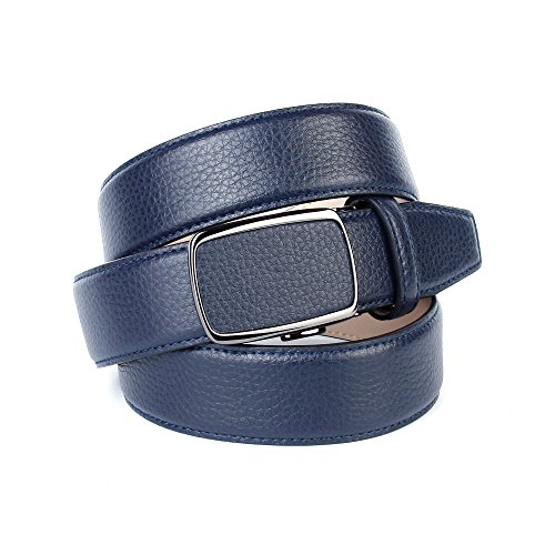 Anthoni Crown designer men`s leather belt blue marine color classic design with black metallic automatic buckle 1,4