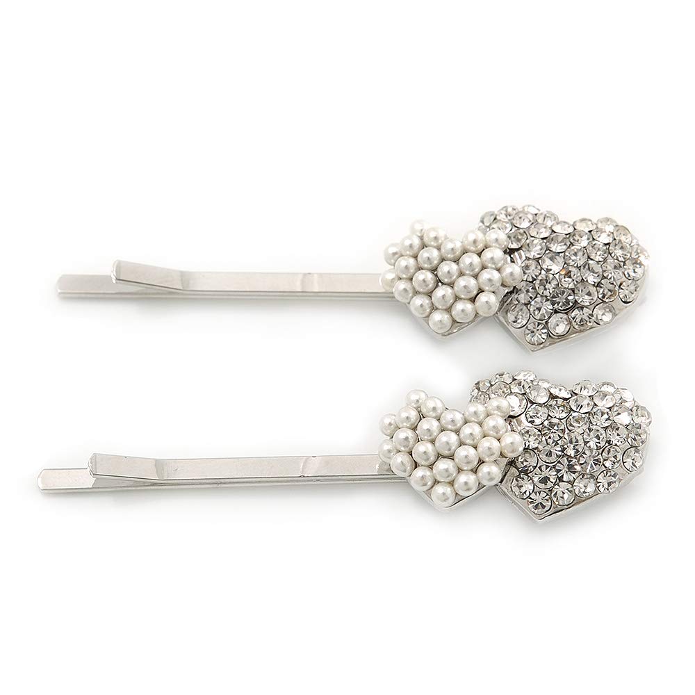2 Bridal/Prom Simulated Pearl Crystal 'Double Heart' Hair Grips/Slides In Rhodium Plating - 50mm Across