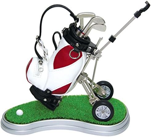 Kofull Mini Desktop Golf Bag Pen Holder Clock Golf Bag Holder Novelty Golf Model with Golf Pen Mini Desktop Gift for Golfer (red white)