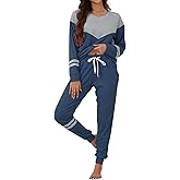YAHESHION Womens Pajamas Sets Block Color V Neck Long Sleeve Tops with Striped Pullover and Casual Long Pants with Pockets