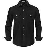 Spring&Gege Boys' Long Sleeve Button Down Shirt for Kids Woven Solid Two Pockets