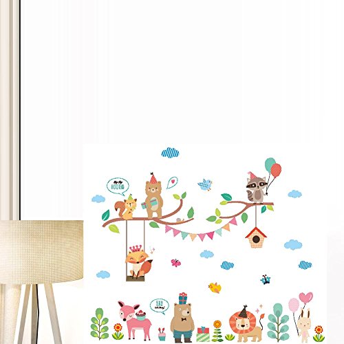 BIBITIME Animal Party Wall Decal Squirrel Bear on Tree Swing Queen Fox Balloon Raccoon Flag Branches Birdcage Butterfly Plant Flower Cake Deer Gifts Lion Heart Rabbit Vinyl Sticker for Nursery Bedroom