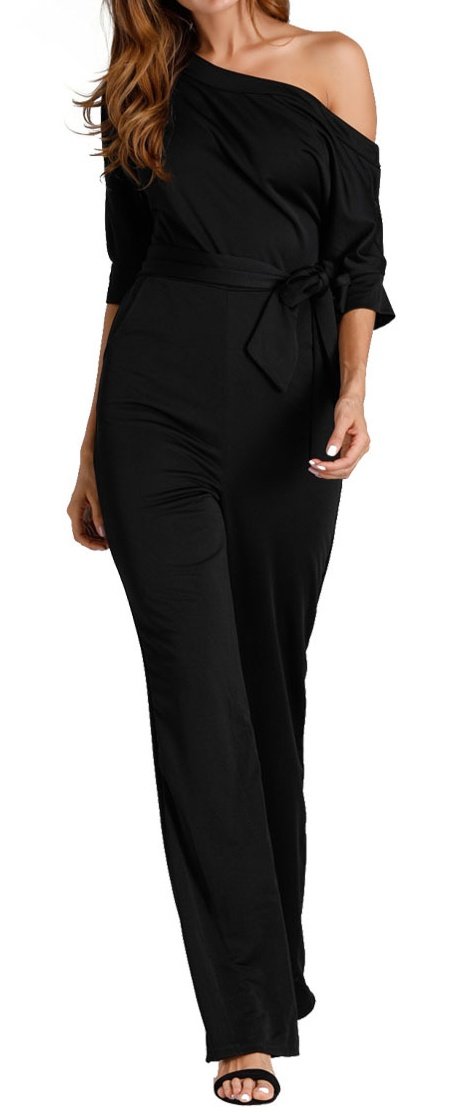 Elastic Waist 3/4 Sleeve Off Shoulder Jumpsuit Romper Women Plus Size Black XL