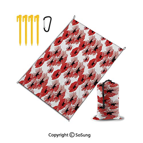 Beach Blanket Sand Proof & Compact Pocket Blanket SoftBeach Mat for Outdoor,Waterproof Picnic Mat for Travel,Hiking,Camping,Festival,Floral,Poppies Retro Halftone Effect Fertility and Eternal Life Sym