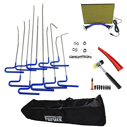 Furuix 29pcs Dent Repair Tools Dent Removal Tools PDR Kit Car Ding Dent Repair Rod Hook Wedge Paintless Hail Removal Tool Dent Remover Kit with LED PDR Light