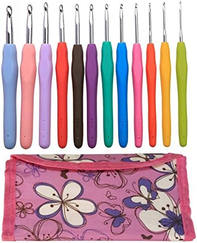 12pcs Crochet Hooks Set with Case,2mm to 8mm DIY Weave Yarn Kit Set,TPR Soft Rubber Handle and Aluminum Knitting Needle (12pcs)