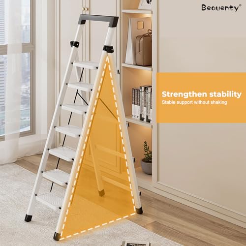 Beauenty Foldable Ladder, 7 Steps Ladder for Home, Anti-Slip Step Stool with Wider Pedal, Tools Holder, Portable Stepladder for Kitchen, Garden, Load-Bearing 150kg (Black)