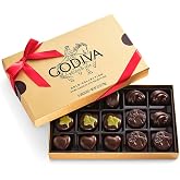 GODIVA Belgian Dark Chocolate Holiday Red Ribbon Gift Box, 15 Pieces | 15 piece Belgian dark chocolate assortment with pralines and ganache in a red ribbon Christmas gift box.