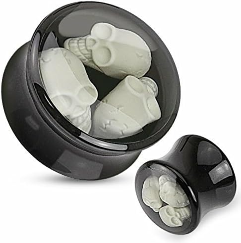 Black Acrylic Saddle Plug with Triple Skull Enclosure Inlay 00g