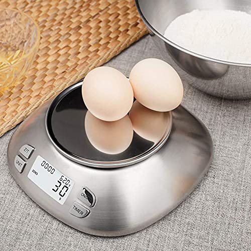 Digital Kitchen Scale with Removable Bowl 2.5L Volume, Electronic Stainless Steel Food Scale for Cooking Baking, Room Temperature, Alarm Timer, 12lb 5.5kg, Batteries Included