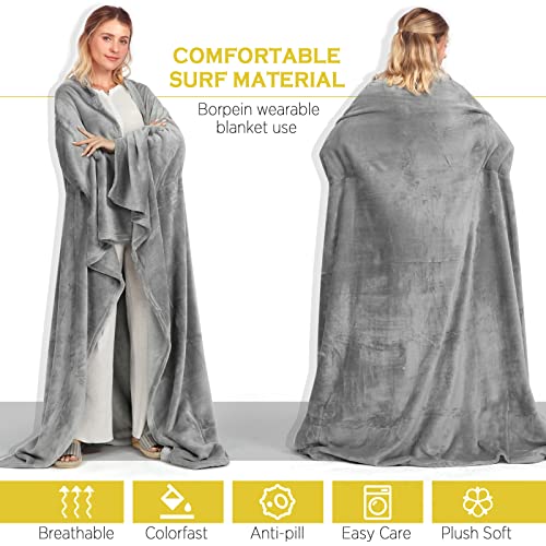 BORPEIN Tragbare Decke mit Fußabdeckung, Gemütliche Umarmung, tragbare Überwurfdecke,weich und warm für Sofaliebhaber für Frauen, Männer, Erwachsene. Einheitsgröße (Gray&White)