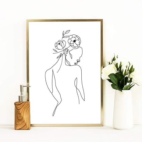 Amazon 花の植物の線画と抽象的な女性プリント北欧ポスターミニマリスト黒白い壁アートキャンバス絵画寝室の装飾 60x80cmフレームなし ウォールステッカー オンライン通販