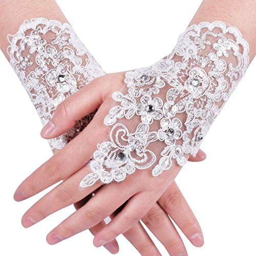 Oumans Short Lace Fingerless Rhinestone Bridal Gloves for Wedding Party Ivory