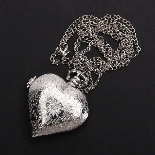 Silver Heart Shape Quartz Pocket watch Necklace Chain.