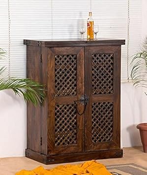 SS WOOD Furniture Wooden Brown Bar Cabinet with Wine Glass Storage(90 * 50 * 123) cm