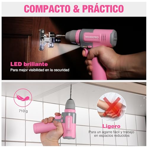 WORKPRO 8V Cordless Drill, Electric Drill with 3/8'' Drill Chuck, Electric Screwdriver, Variable Speed Driver, Type C Rechargeable Screwdriver, with 15pcs Accessories, Pink