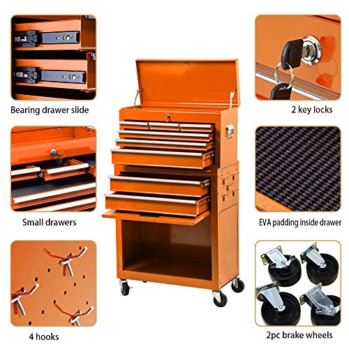 8-Drawer Rolling Tool Box, Rolling Tool Chest with Drawers and Wheels, Tool Storage Cabinet with 4 Swivel Wheels (2Pcs with Brake), Keyed Locking System Tool Organizer (Orange)