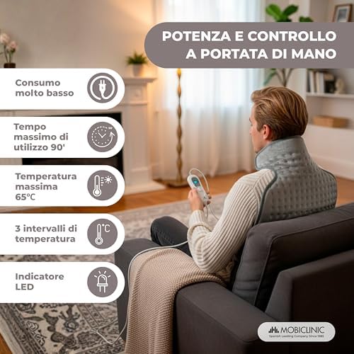 ®, Termoforo elettrico, Cuscino termico per collo e spalle, Basso consumo, 3 livelli di calore, Spegnimento automatico, Zona lombare cervicale, Lavabile, 62x43